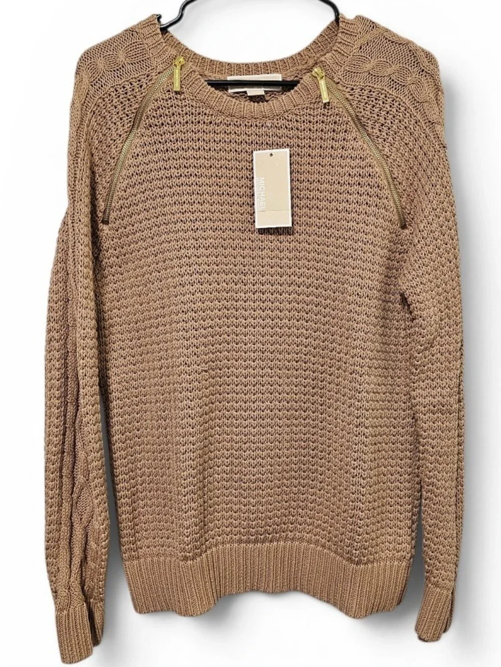 Michael Kors Dark Camel Heavy Knit Sweater Zipper Detail NWT Size XL